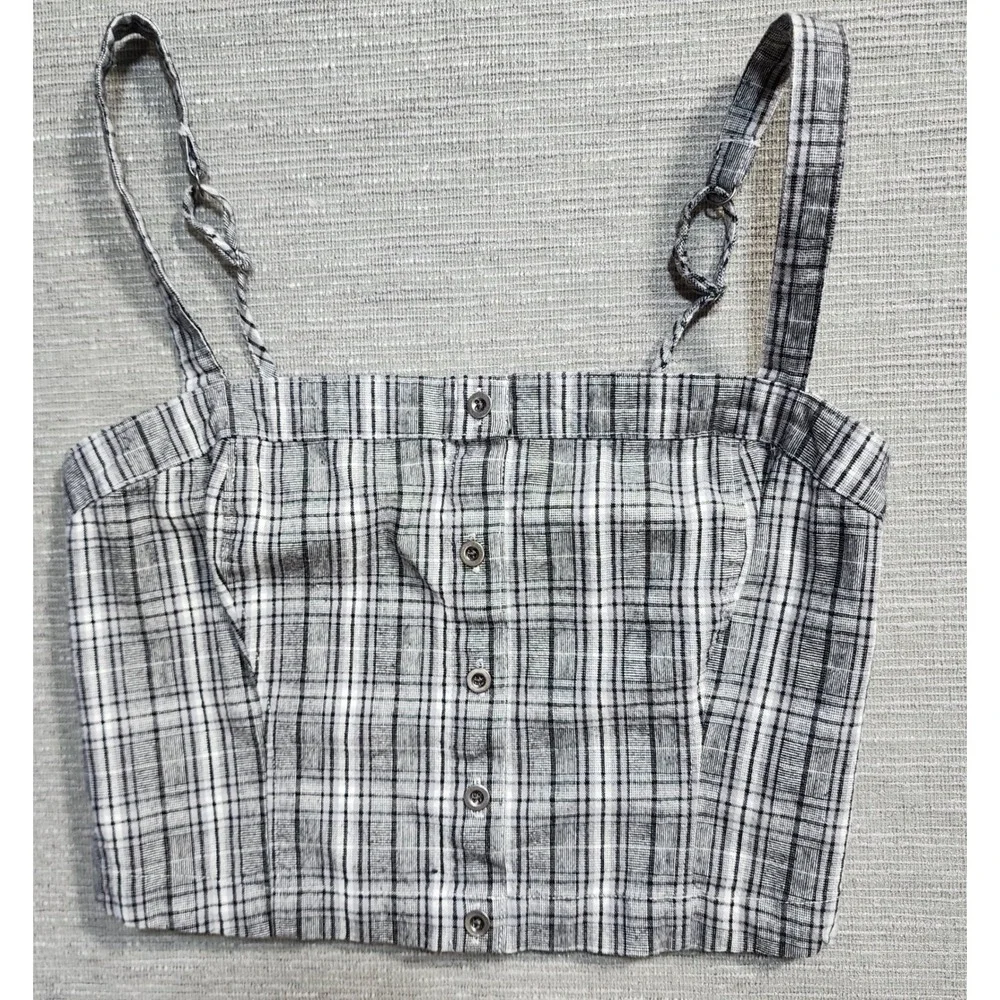 New Hollister Black White Plaid Button Front Smocked Back Crop Top Camisole M - Picture 2 of 8
